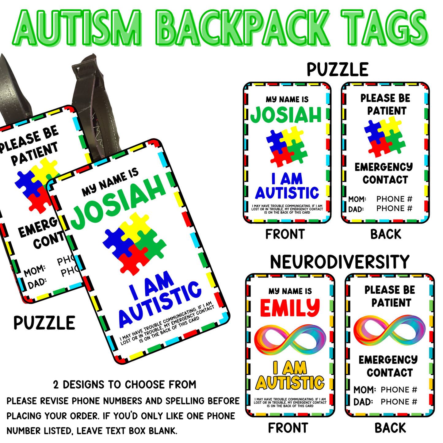 Custom Autism Backpack Tag